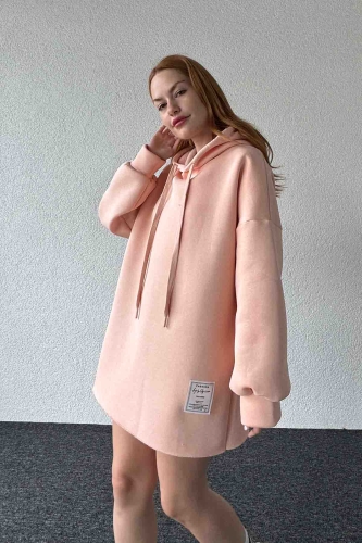 SWT-14264 Pudra Etiket Detaylı Kapüşonlu Üç İplik Şardonlu Salaş Sweatshirt - Cappmoda