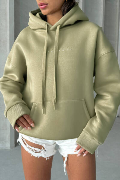 SWT-14267 Haki Orijinal Yazı Baskılı Kapüşonlu Üç İplik Şardonlu Sweatshirt - Cappmoda (1)