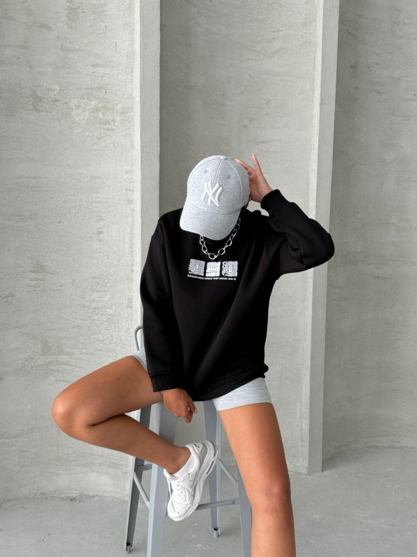 SWT-14268 Siyah Motif Desen Kabartma Baskılı Üç İplik Şardonlu Basic Sweatshirt - 3