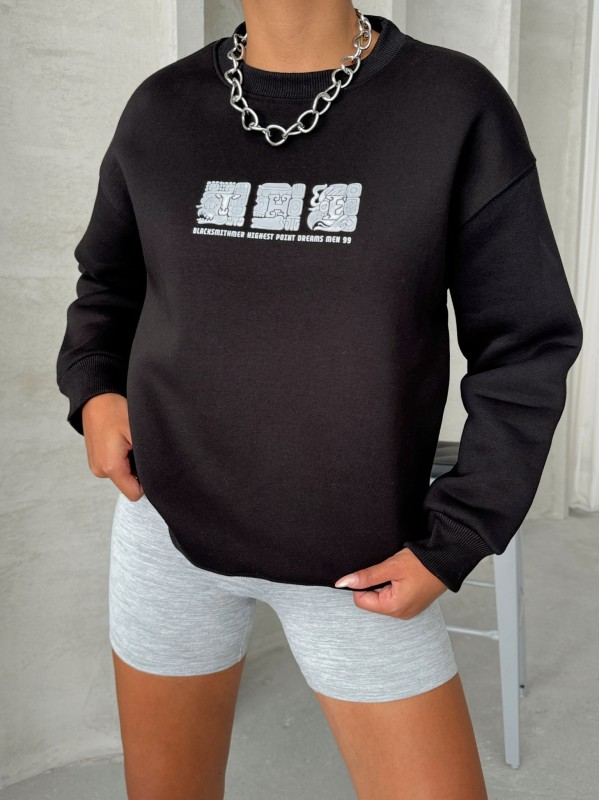 SWT-14268 Siyah Motif Desen Kabartma Baskılı Üç İplik Şardonlu Basic Sweatshirt - 2