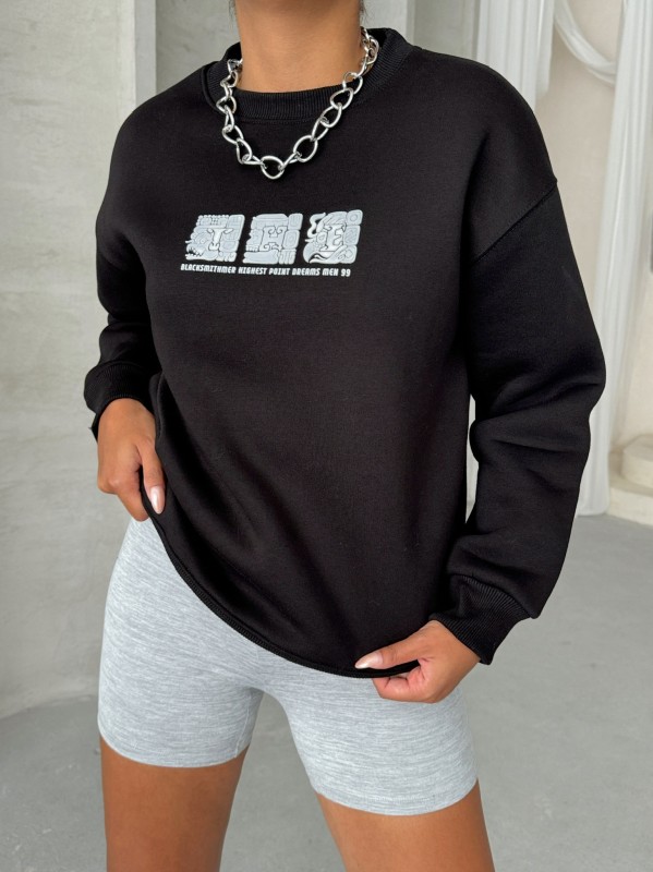 SWT-14268 Siyah Motif Desen Kabartma Baskılı Üç İplik Şardonlu Basic Sweatshirt - 4