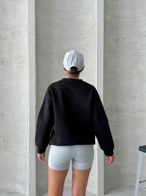 SWT-14268 Siyah Motif Desen Kabartma Baskılı Üç İplik Şardonlu Basic Sweatshirt - 7