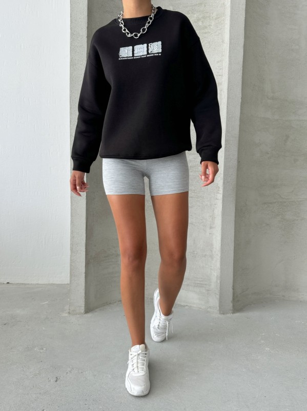 SWT-14268 Siyah Motif Desen Kabartma Baskılı Üç İplik Şardonlu Basic Sweatshirt - 5