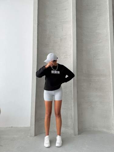 SWT-14268 Siyah Motif Desen Kabartma Baskılı Üç İplik Şardonlu Basic Sweatshirt - 6