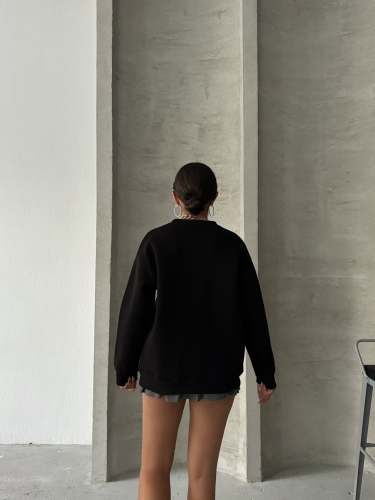 SWT-14269 Siyah Bisiklet Kabartma Baskılı Üç İplik Şardonlu Basic Sweatshirt - 7