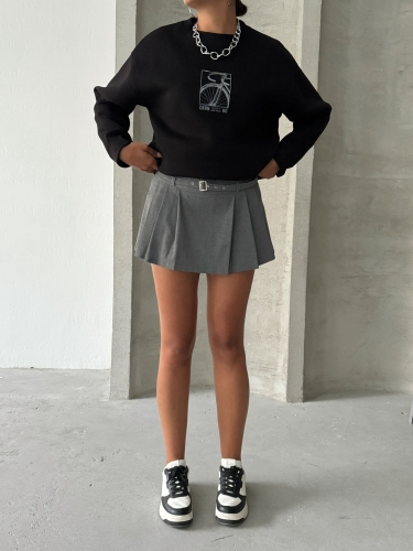 SWT-14269 Siyah Bisiklet Kabartma Baskılı Üç İplik Şardonlu Basic Sweatshirt - 5