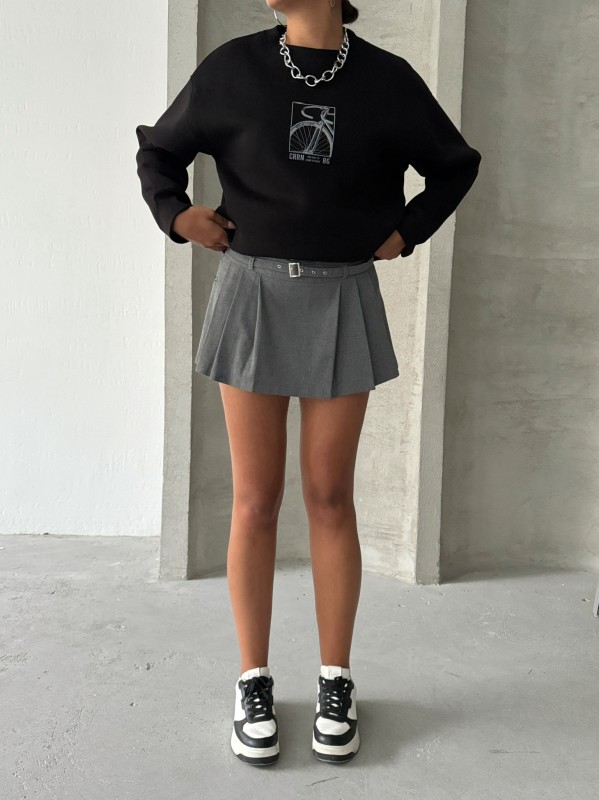 SWT-14269 Siyah Bisiklet Kabartma Baskılı Üç İplik Şardonlu Basic Sweatshirt - 5