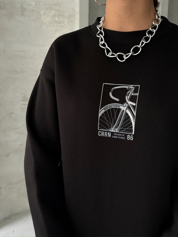 SWT-14269 Siyah Bisiklet Kabartma Baskılı Üç İplik Şardonlu Basic Sweatshirt - 3