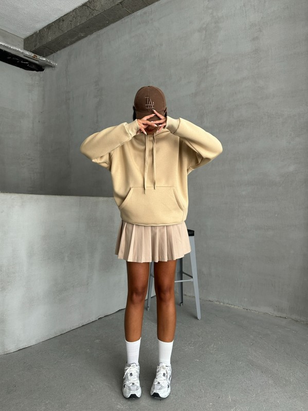 SWT-14270 Vizon Kapüşonlu Kanguru Cepli Üç İplik Şardonlu Sweatshirt - 3