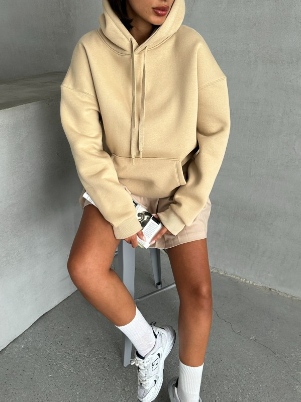 SWT-14270 Vizon Kapüşonlu Kanguru Cepli Üç İplik Şardonlu Sweatshirt - 4