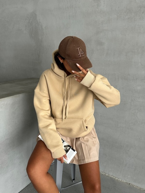 SWT-14270 Vizon Kapüşonlu Kanguru Cepli Üç İplik Şardonlu Sweatshirt - 5