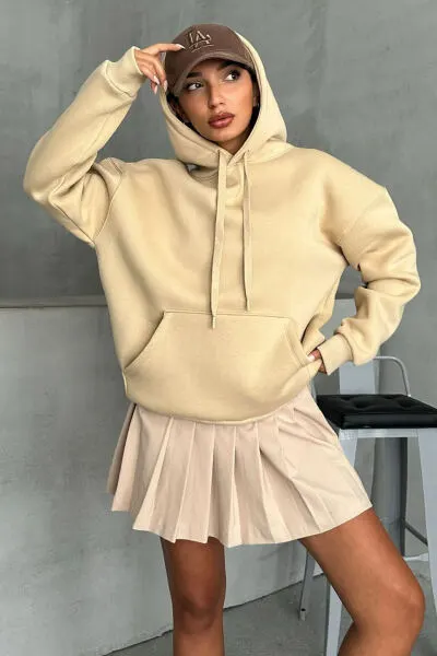 SWT-14270 Vizon Kapüşonlu Kanguru Cepli Üç İplik Şardonlu Sweatshirt - Cappmoda