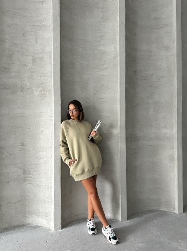 SWT-14271 Haki Cepli Oversize Üç İplik Basic Sweatshirt - 3