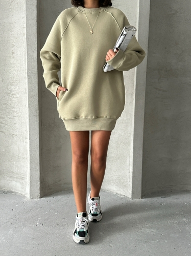 SWT-14271 Haki Cepli Oversize Üç İplik Basic Sweatshirt - 5