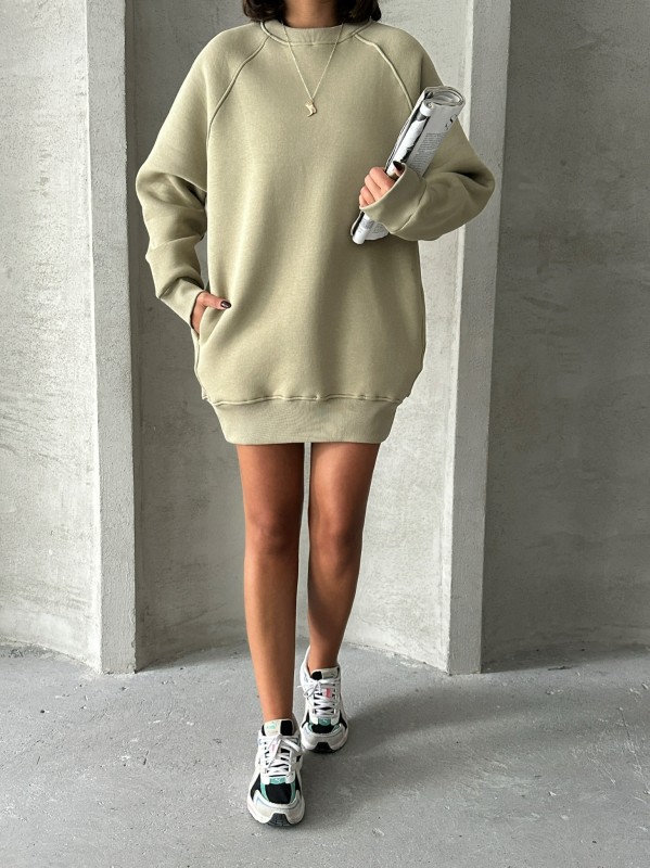 SWT-14271 Haki Cepli Oversize Üç İplik Basic Sweatshirt - 5