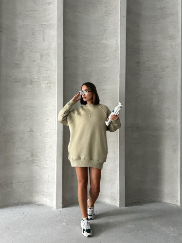 SWT-14271 Haki Cepli Oversize Üç İplik Basic Sweatshirt - 6
