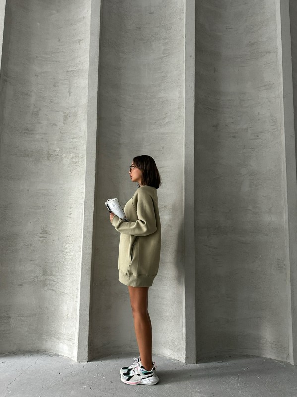 SWT-14271 Haki Cepli Oversize Üç İplik Basic Sweatshirt - 7