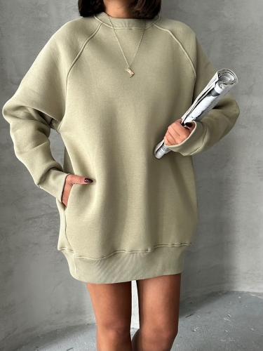 SWT-14271 Haki Cepli Oversize Üç İplik Basic Sweatshirt