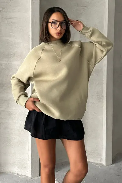 SWT-14271 Haki Cepli Oversize Üç İplik Basic Sweatshirt (1)