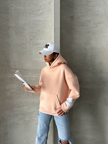 SWT-14274 Pudra Kol Etiket Detaylı Kapüşonlu Üç İplik Şardonlu Sweatshirt - Cappmoda