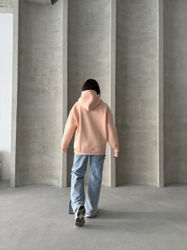 SWT-14274 Pudra Kol Etiket Detaylı Kapüşonlu Üç İplik Şardonlu Sweatshirt - 6