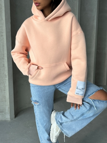 SWT-14274 Pudra Kol Etiket Detaylı Kapüşonlu Üç İplik Şardonlu Sweatshirt - Cappmoda (1)