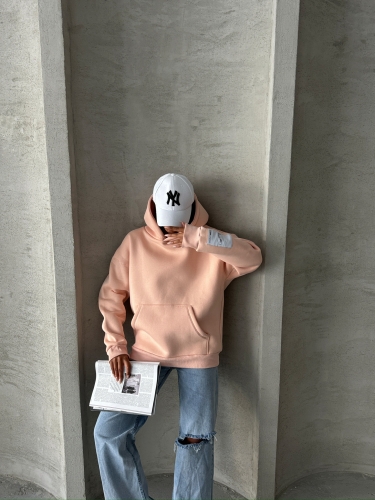 SWT-14274 Pudra Kol Etiket Detaylı Kapüşonlu Üç İplik Şardonlu Sweatshirt - 5