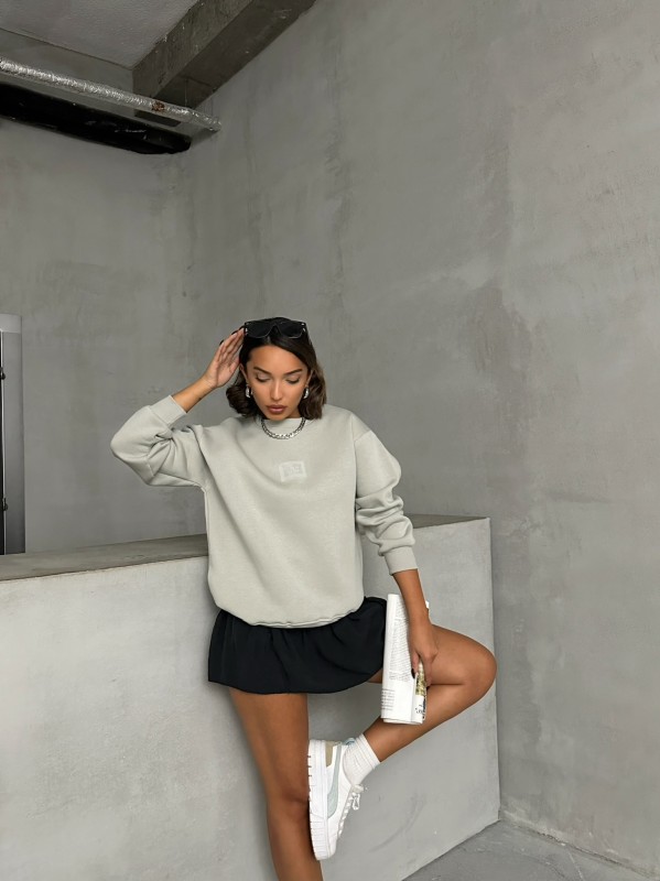 SWT-14275 Boyama Gri Bring To Me Life Yazı Kabartma Baskılı Üç İplik Şardonlu Sweatshirt - 5