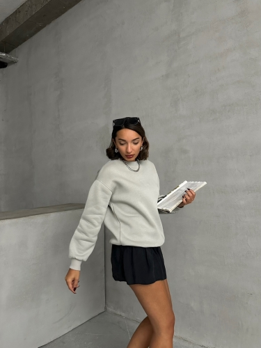 SWT-14275 Boyama Gri Bring To Me Life Yazı Kabartma Baskılı Üç İplik Şardonlu Sweatshirt - 7