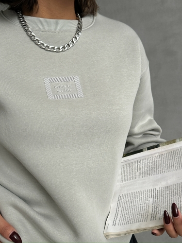 SWT-14275 Boyama Gri Bring To Me Life Yazı Kabartma Baskılı Üç İplik Şardonlu Sweatshirt - 3