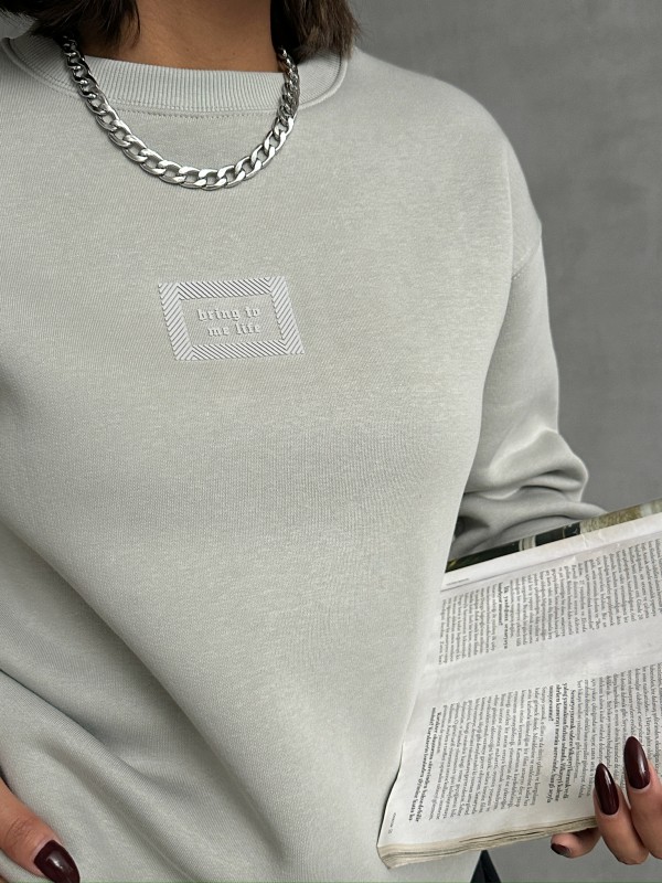 SWT-14275 Boyama Gri Bring To Me Life Yazı Kabartma Baskılı Üç İplik Şardonlu Sweatshirt - 3