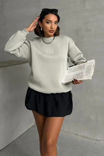 SWT-14275 Boyama Gri Bring To Me Life Yazı Kabartma Baskılı Üç İplik Şardonlu Sweatshirt - 1