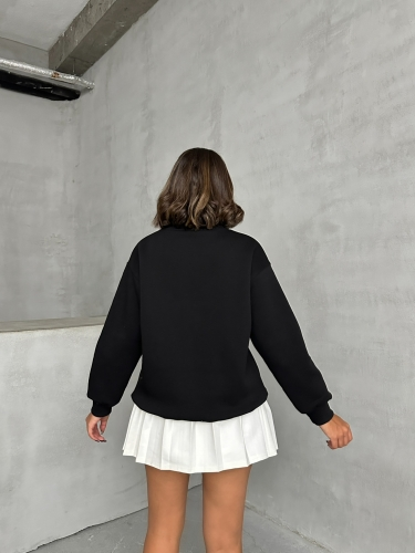 SWT-14275 Siyah Bring To Me Life Yazı Kabartma Baskılı Üç İplik Şardonlu Sweatshirt - 5