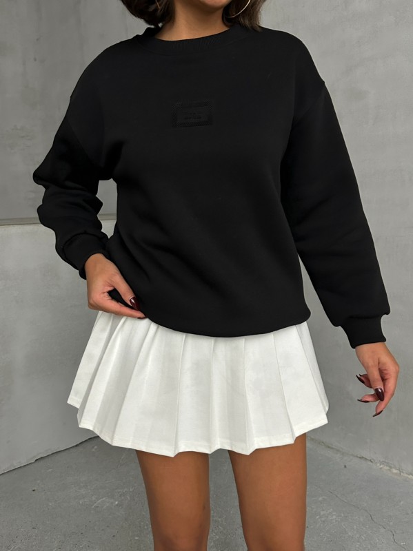 SWT-14275 Siyah Bring To Me Life Yazı Kabartma Baskılı Üç İplik Şardonlu Sweatshirt - 4