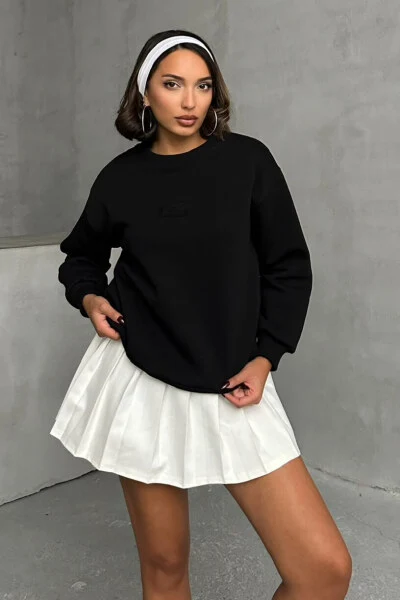 SWT-14275 Siyah Bring To Me Life Yazı Kabartma Baskılı Üç İplik Şardonlu Sweatshirt