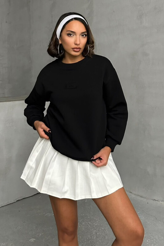 SWT-14275 Siyah Bring To Me Life Yazı Kabartma Baskılı Üç İplik Şardonlu Sweatshirt - 1