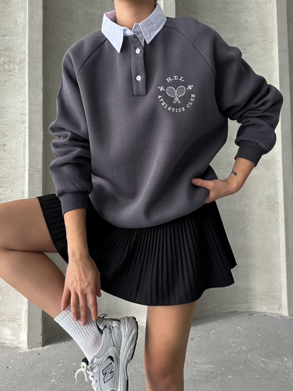 SWT-14276 Füme Gömlek Yaka Roket Nakışlı Üç İplik Şardonlu Oversize Sweatshirt - 1