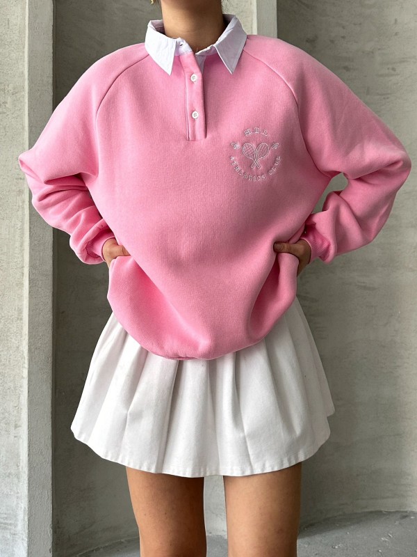 SWT-14276 Pembe Gömlek Yaka Raket Nakışlı Üç İplik Şardonlu Oversize Sweatshirt - 1