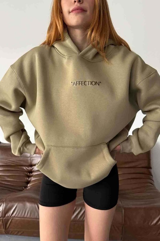 SWT-14277 Haki Affection Yazı Baskılı Kapüşonlu Üç İplik Şardonlu Sweastshirt - 2