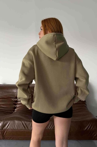 SWT-14277 Haki Affection Yazı Baskılı Kapüşonlu Üç İplik Şardonlu Sweastshirt - 3