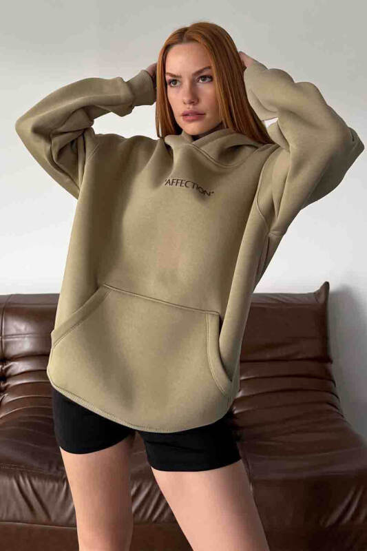 SWT-14277 Haki Affection Yazı Baskılı Kapüşonlu Üç İplik Şardonlu Sweastshirt - 1