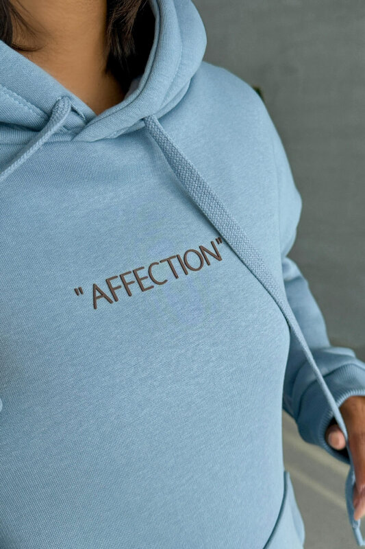 SWT-14277 Mavi Affection Yazı Baskılı Kapüşonlu Üç İplik Şardonlu Sweastshirt - 2