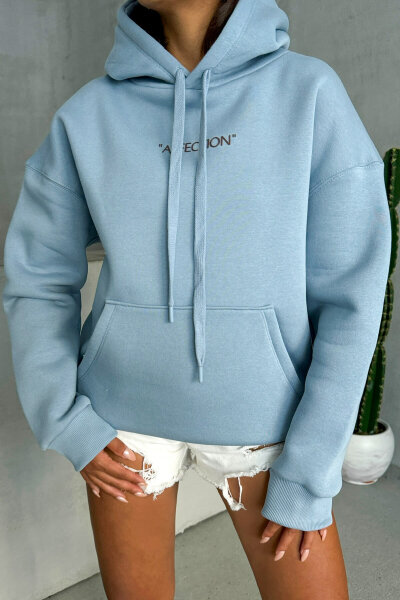 SWT-14277 Mavi Affection Yazı Baskılı Kapüşonlu Üç İplik Şardonlu Sweastshirt - 3