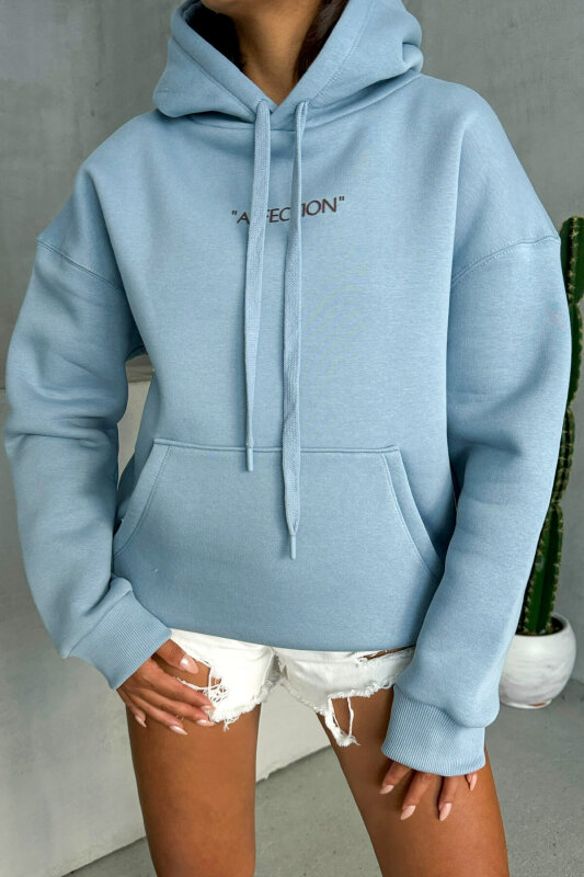 SWT-14277 Mavi Affection Yazı Baskılı Kapüşonlu Üç İplik Şardonlu Sweastshirt - 3