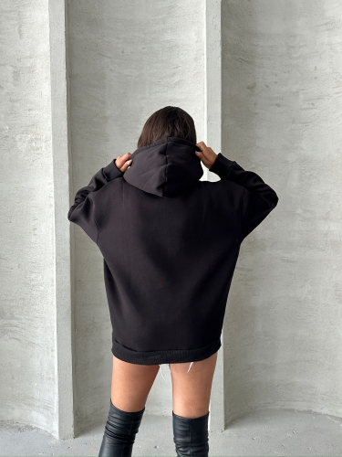 SWT-14277 Siyah Affection Yazı Baskılı Kapüşonlu Üç İplik Şardonlu Sweastshirt - 6