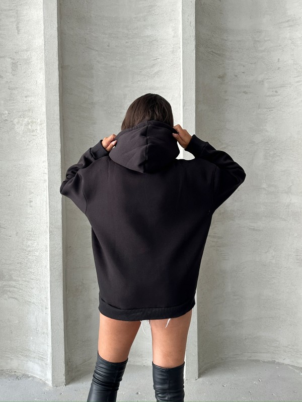 SWT-14277 Siyah Affection Yazı Baskılı Kapüşonlu Üç İplik Şardonlu Sweastshirt - 6