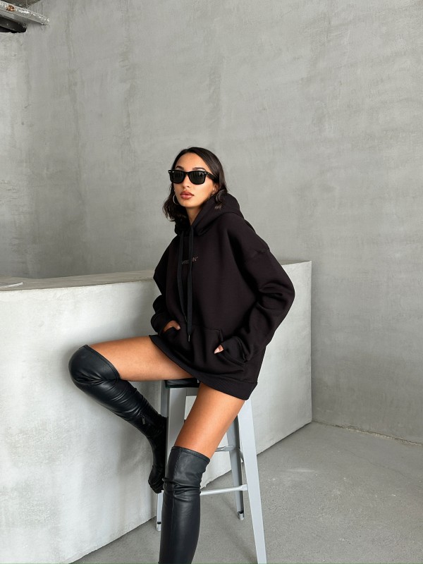 SWT-14277 Siyah Affection Yazı Baskılı Kapüşonlu Üç İplik Şardonlu Sweastshirt - 5