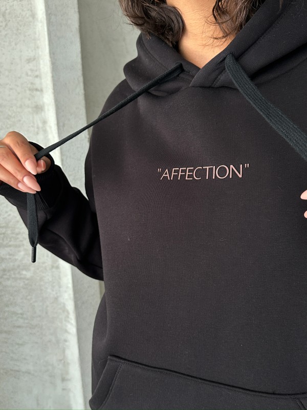 SWT-14277 Siyah Affection Yazı Baskılı Kapüşonlu Üç İplik Şardonlu Sweastshirt - 3