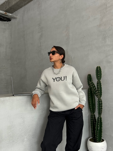 SWT-14278 Boyama Gri You Yazı Baskılı Üç İplik Şardonlu Sweatshirt - 3