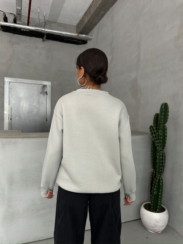 SWT-14278 Boyama Gri You Yazı Baskılı Üç İplik Şardonlu Sweatshirt - 6